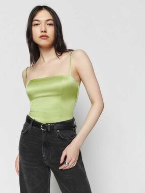 Reformation Lime Satin Square-Neck Cami